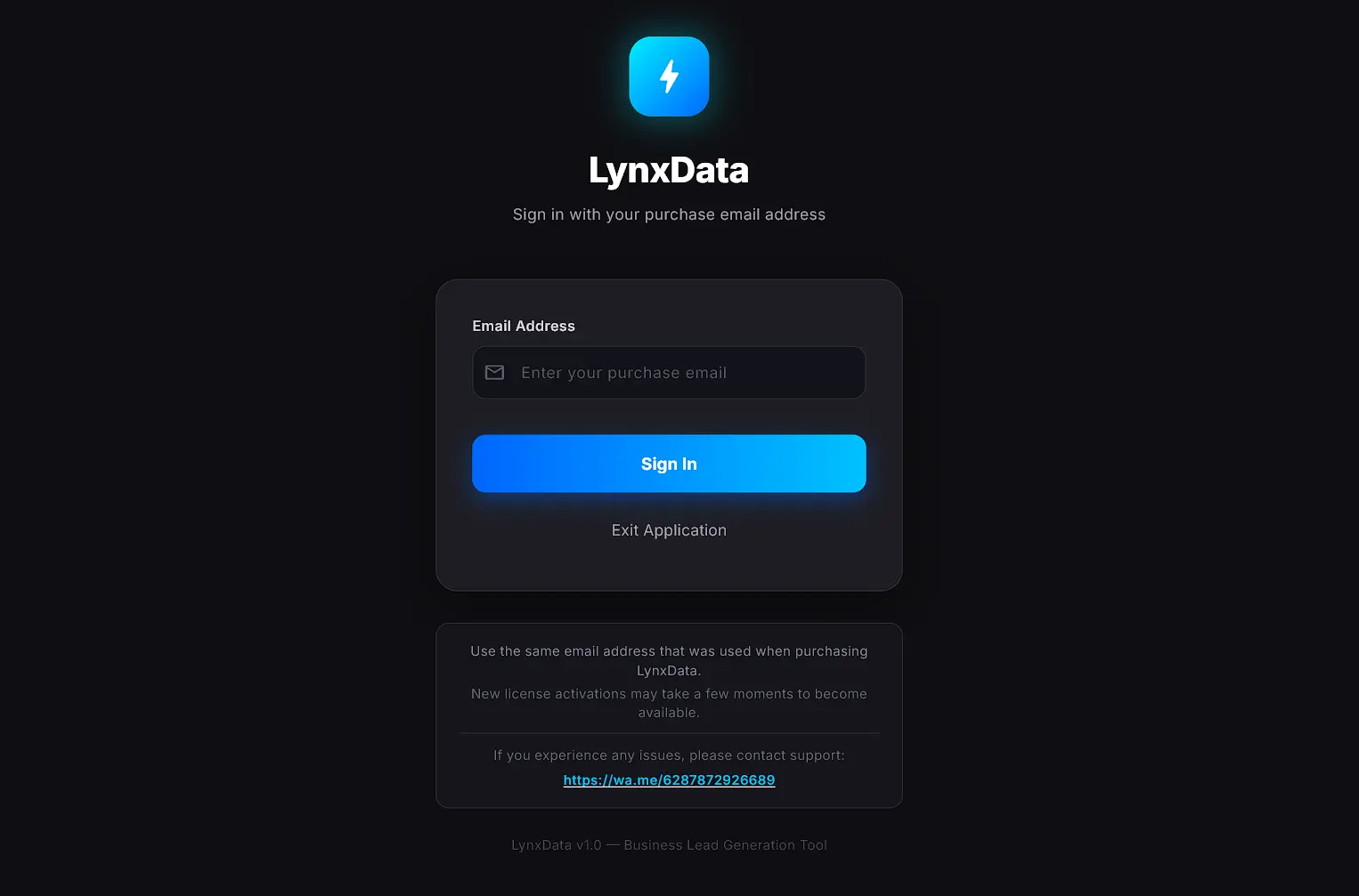 LynxData Lifetime License Activation Screen