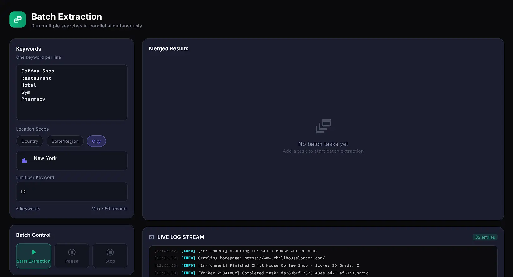 LynxData Batch Google Maps Extraction Interface