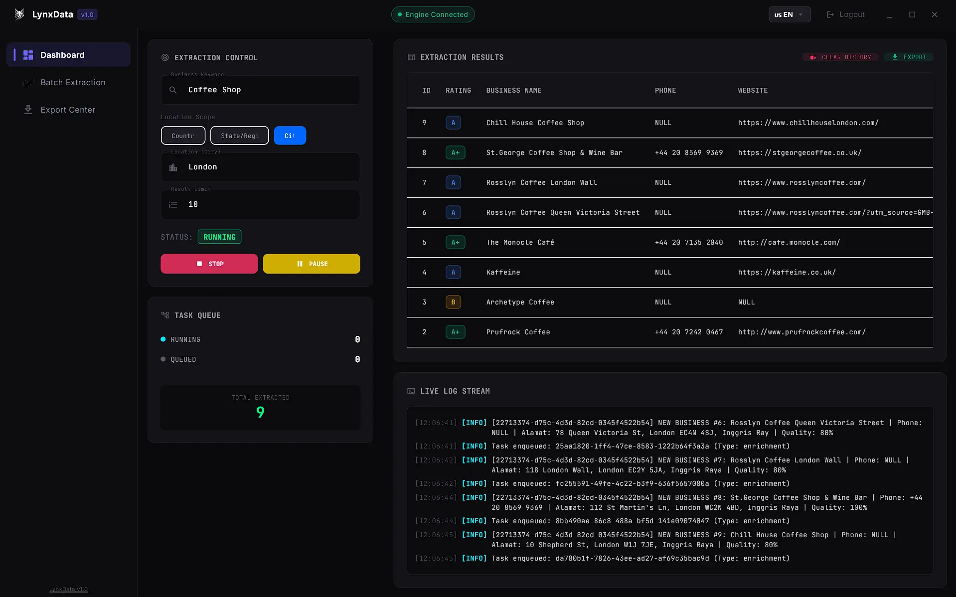 LynxData Google Maps Scraper Dashboard Interface